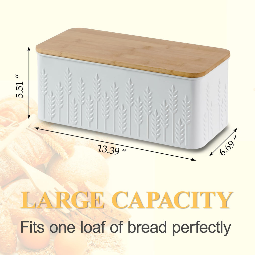 Bread Box - Large White Ear of Wheat Embossed with Bamboo Lid