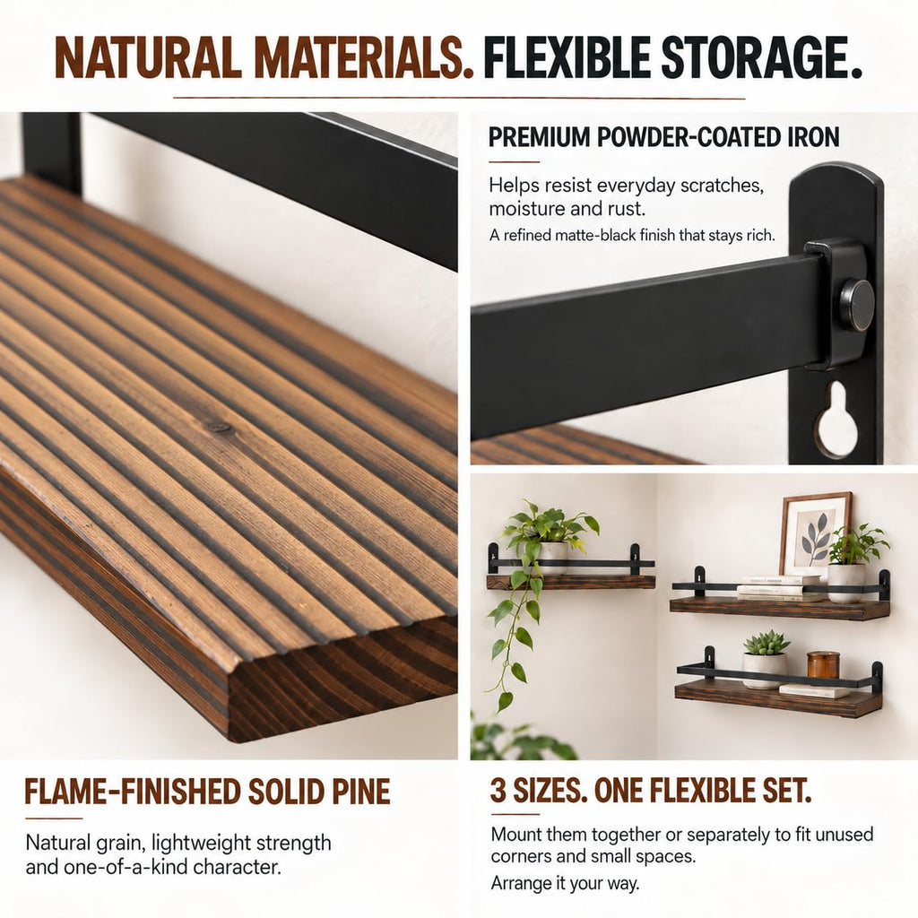 Wood Floating Shelves with Metal Guardrails, Set of 3, Brown