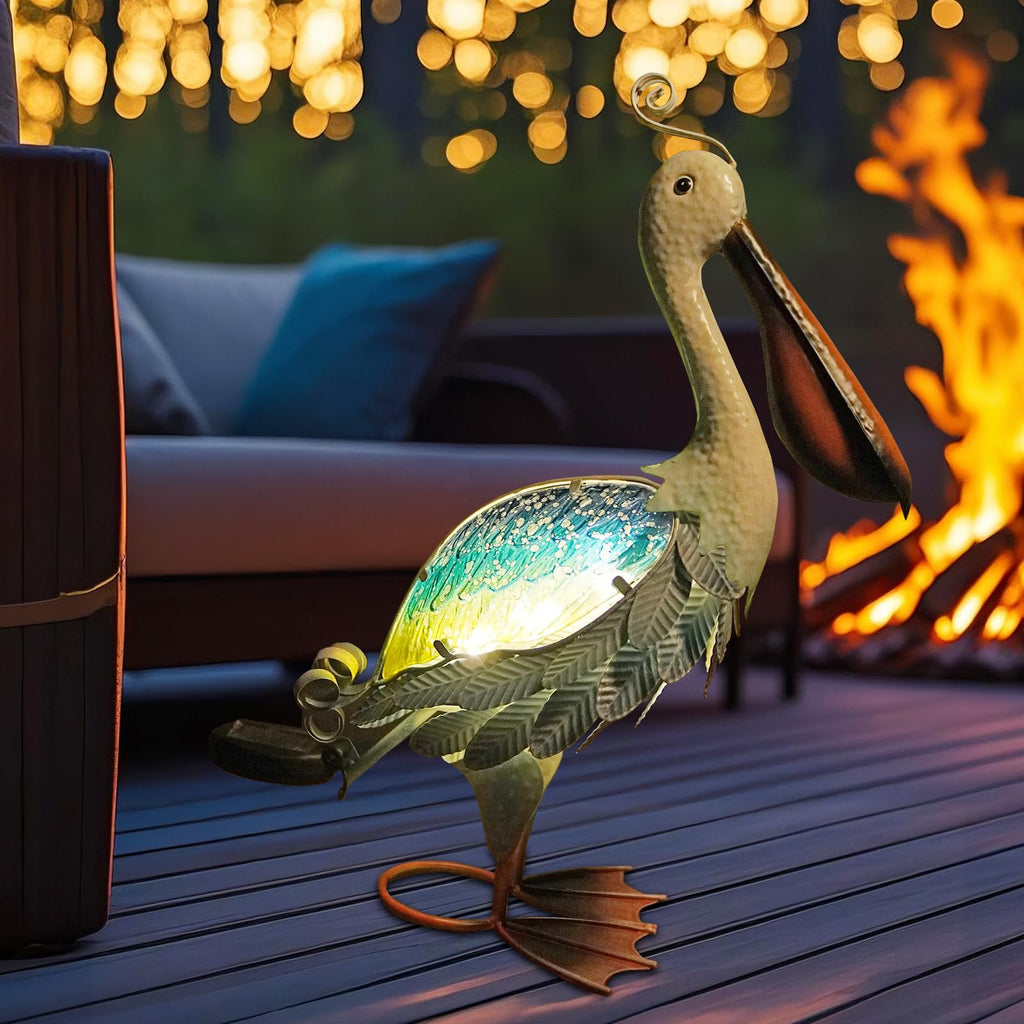Solar Metal Pelican Statues Garden Sculpture & Statues, 19 Inch Glass Outdoor Pelican Yard Art Coastal Ocean Bird
