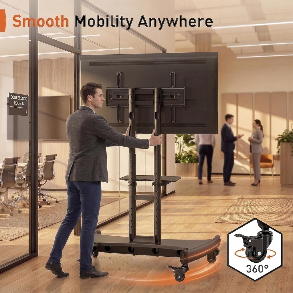 Rolling TV Stand for 32-84 Inch TV, Mobile TV Cart up to 100lbs, Adjustable Height Outdoor TV Cart with Heavy-Duty