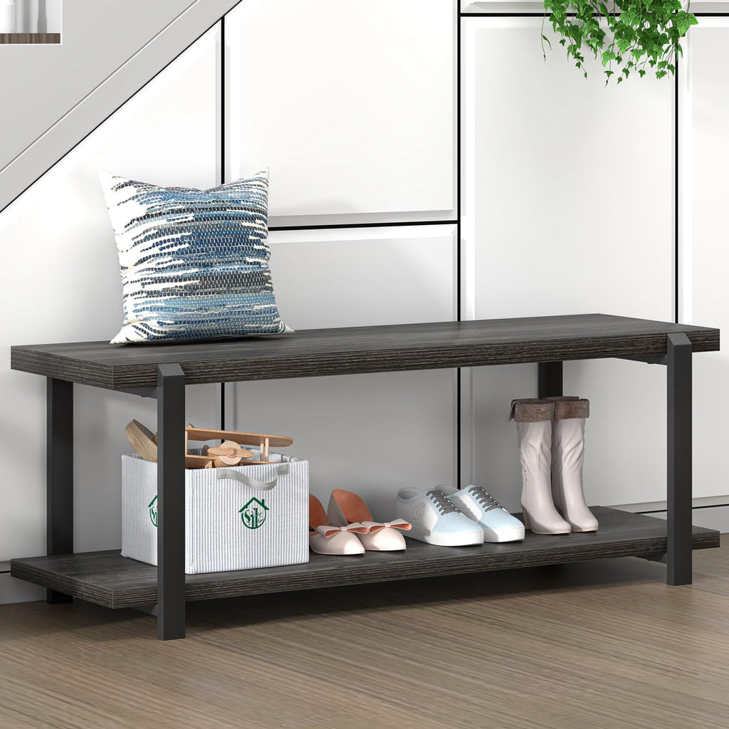 47 Inch Shoe Storage Bench, Rustic Wood and Metal Entryway Bench Front Door Entrance, Vintage Indoor Shoe Rack Bench