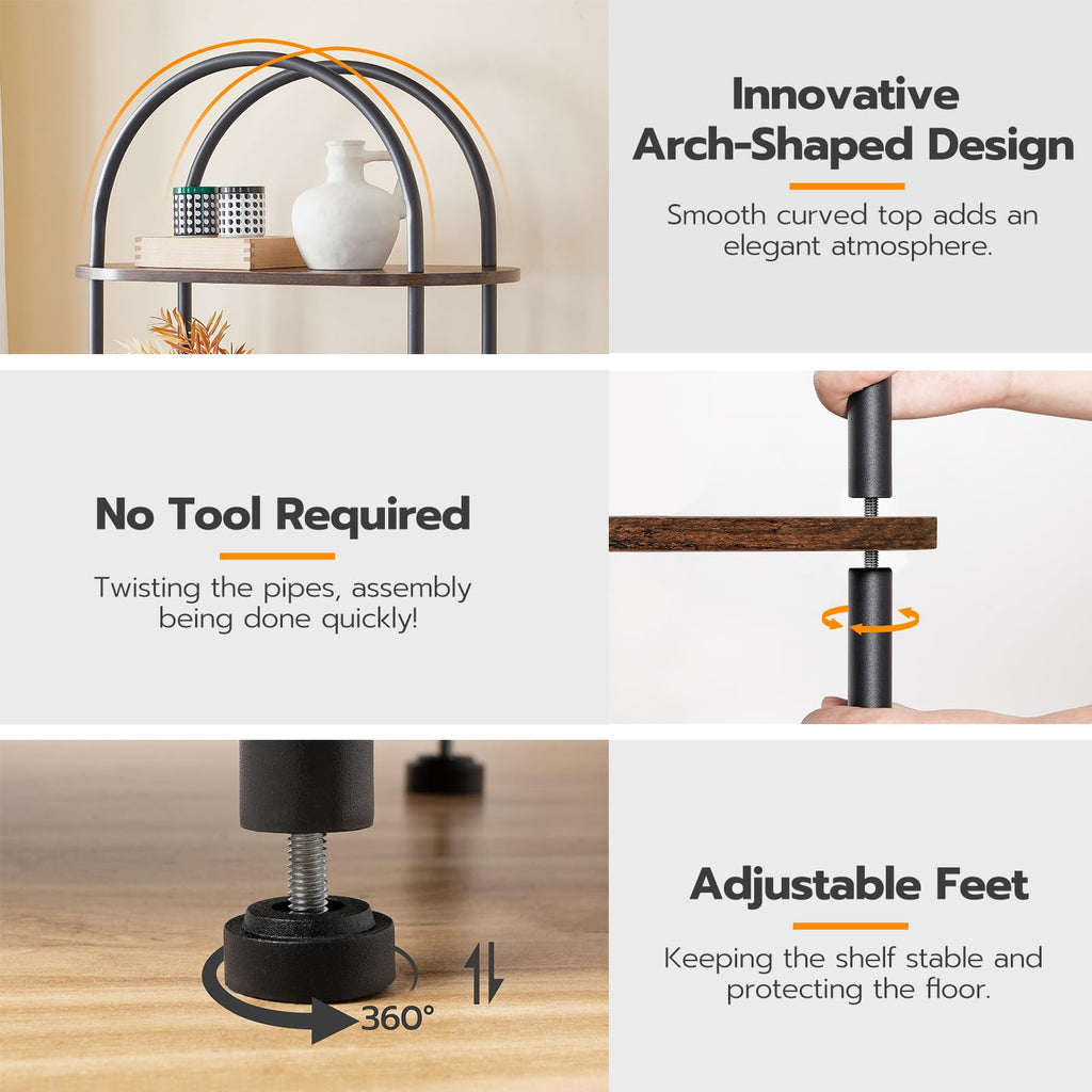 5 Tier Open Bookshelf, Industrial Arched Bookcase Display Shelf Rack, Wooden Bookcase Storage Shelf Metal Frame, Tall