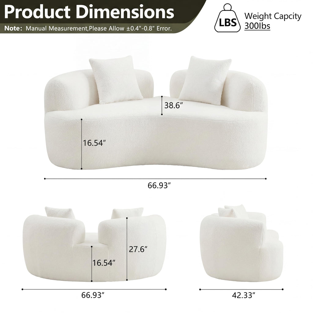 67" Curved Loveseat, Deep Seat White Couch with 2 Pillows