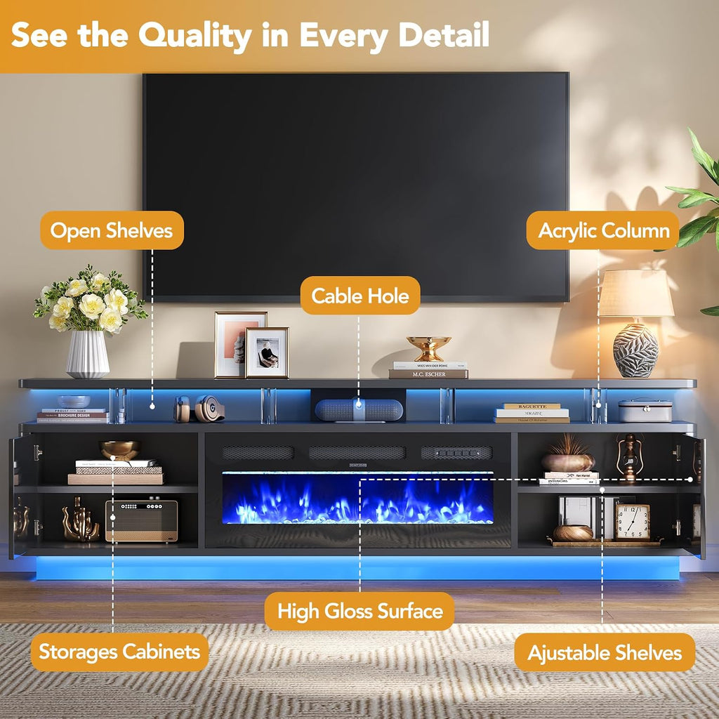 80" Fireplace TV Stand for Living Room, 36" Electric Fireplace with Adjustable Flames & Double LED Lights, Remote