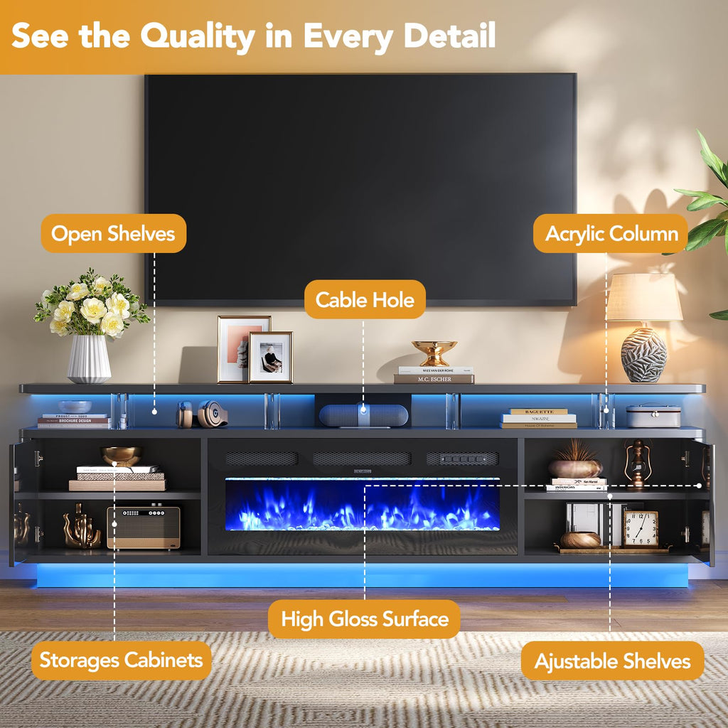 80" for TVs Up to 90", 36" Fireplace with Adjustable Flames, Double LED Lights & Remote Control, Entertainment Center