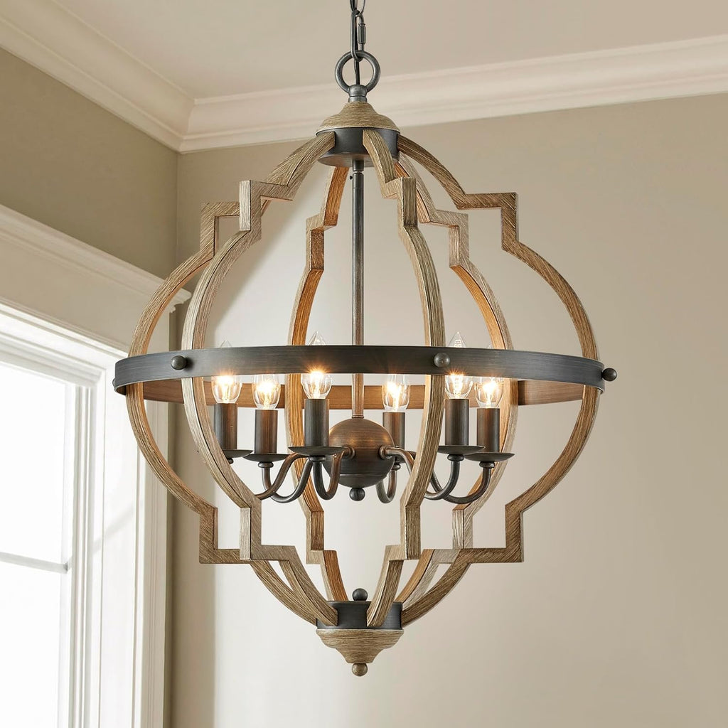 6-Lights Farmhouse Chandelier Light Fixture, Rustic Globe Chandelier for Dining Room, Pendant Light Fixtures,H29 x D21, Adjustable Hanging Chain, Wood Grain Metal Frame A100-B07PTPRN23