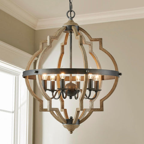 6-Lights Farmhouse Chandelier Light Fixture, Rustic Globe Chandelier for Dining Room, Pendant Light Fixtures,H29 x D21, Adjustable Hanging Chain, Wood Grain Metal Frame A100-B07PTPRN23