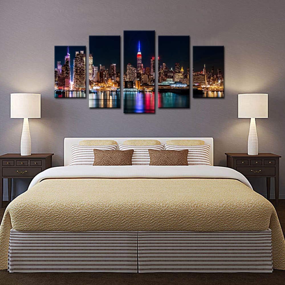 Large 5 Piece New York City Canvas Wall Art Manhattan Skyline at Night Picture Prints Modern Home Office Wall