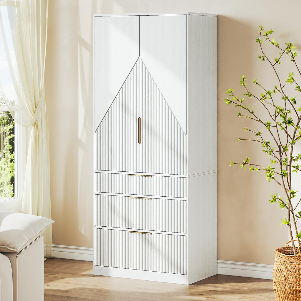 70" Wardrobe Armoire Wooden Closet with 2 Doors and 3 Drawers, Bedroom Armoire with Hanging Rod Shelf, Large Capacity
