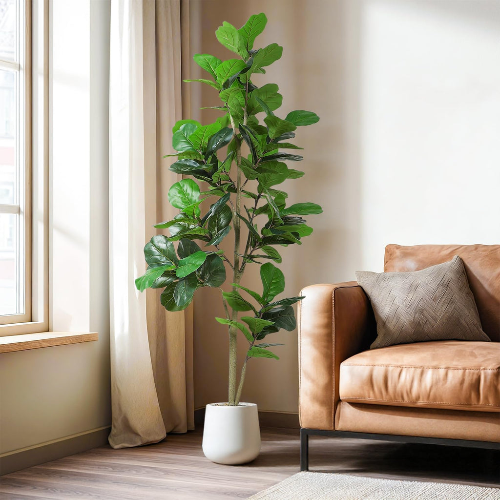 Artificial Fiddle Leaf Tree, 7ft Faux Plant Fake Ficus Lyrata Trees with White Planter - Perfect Indoor Home Decor