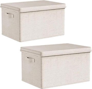 Large Foldable Fabric Storage Bins with Lids, 2 Pack Beige, 17.5"x12"x11.5", Cotton Linen Material with Handles, for