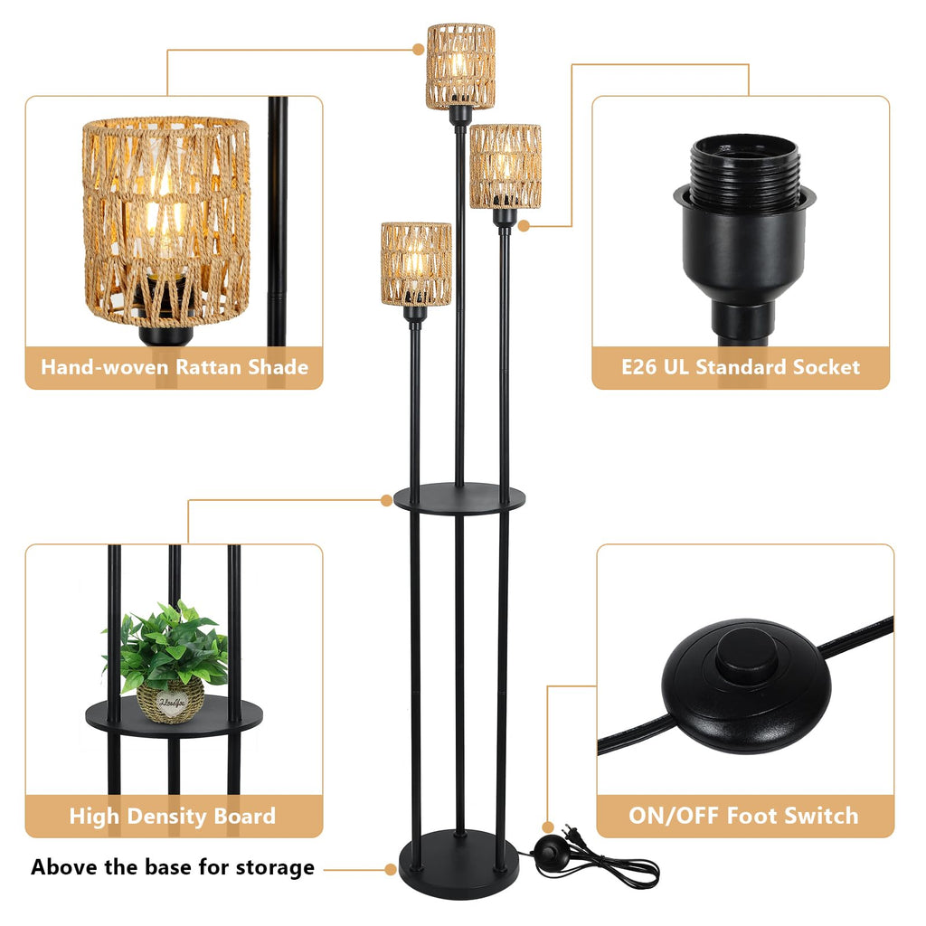 Boho Floor Lamp with Shelves, 3-Lights Farmhouse Tall Floor Lamp with ON/Off Foot Switch, Rustic Standing Lamp with