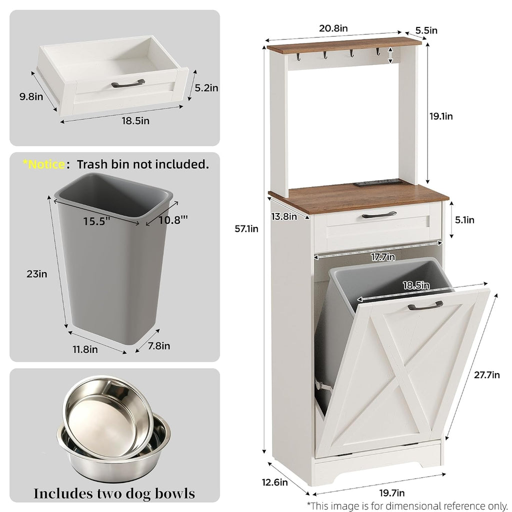 Tilt Out Trash Can Cabinet with Dog Bowl and Drawer, 13 Gallons Hidden Trash Cabinet with Charging Station, Storage