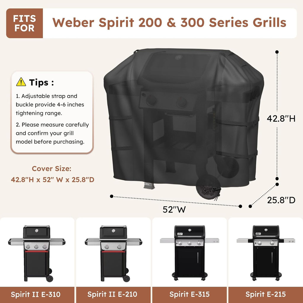 Grill Cover for Weber Spirit 200/300 Series, 52 Inch 600D Heavy Duty Waterproof BBQ Cover, Rip-Proof Fade Resistant