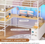Loft Bed Full with U-Shaped Desk,7 Storage Drawers and Charging Station,Metal Full Loft Bed with Led Lights and 2-tier
