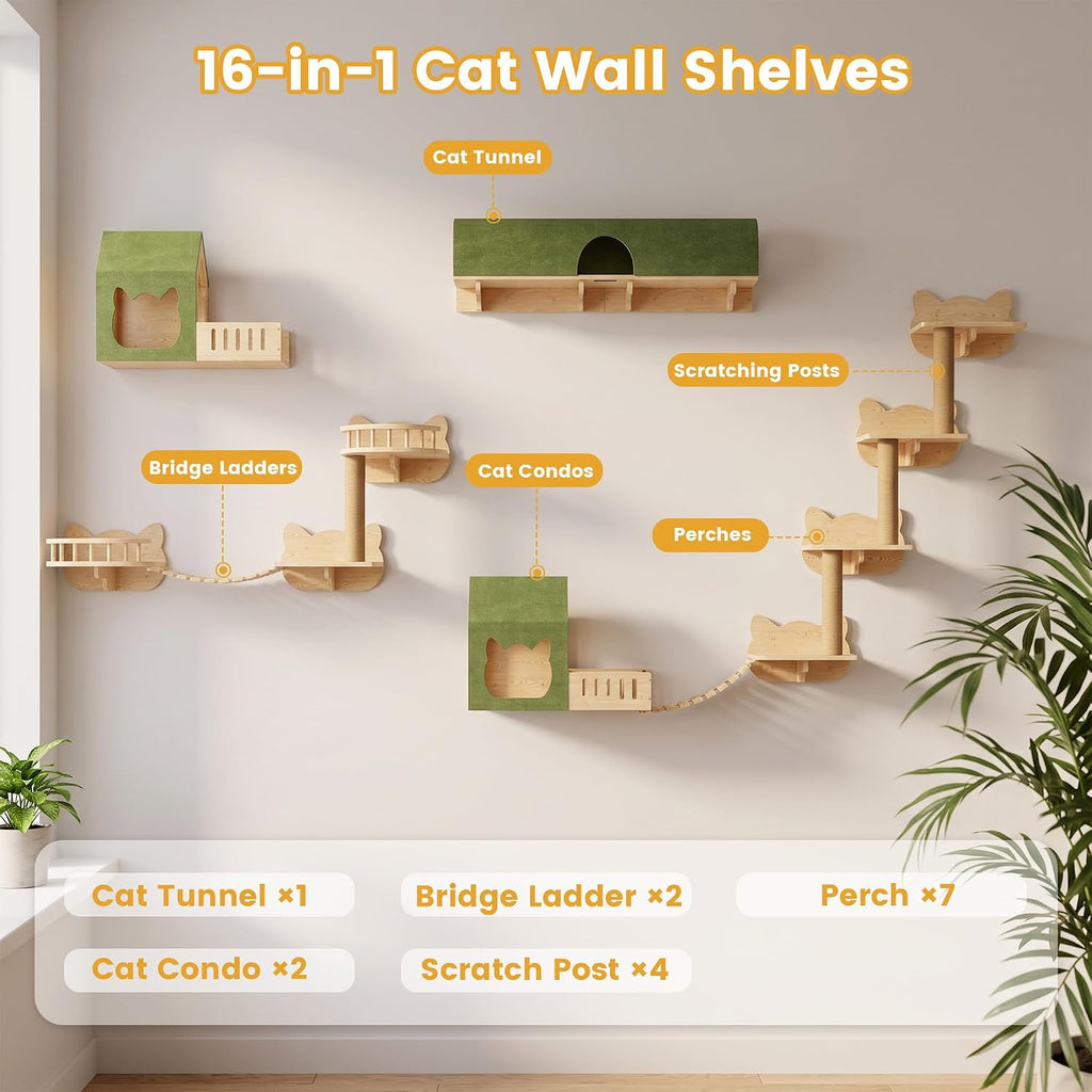 16-in-1 Cat Wall Shelves, Solid Pine Wood Cat Climbing System with Tunnel, Perch, Bridge, Condo and Sisal Scratching
