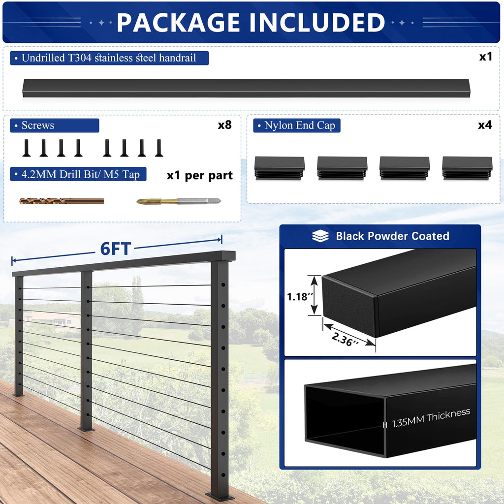 6FT Modular Stainless Steel Black Handrail, 2.36" W x 1.18" H
