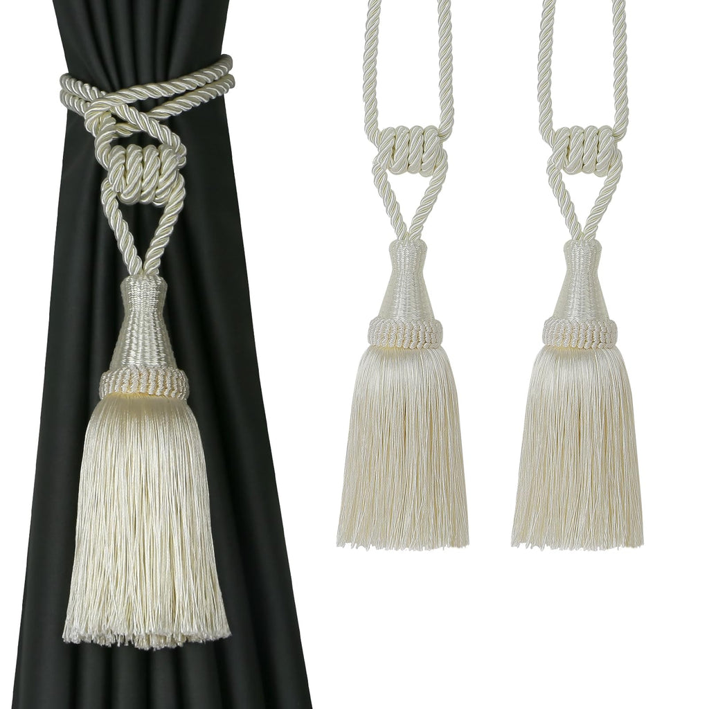 Tassel Curtain Tiebacks Handmade Holdbacks (Cream) - 2 Pack