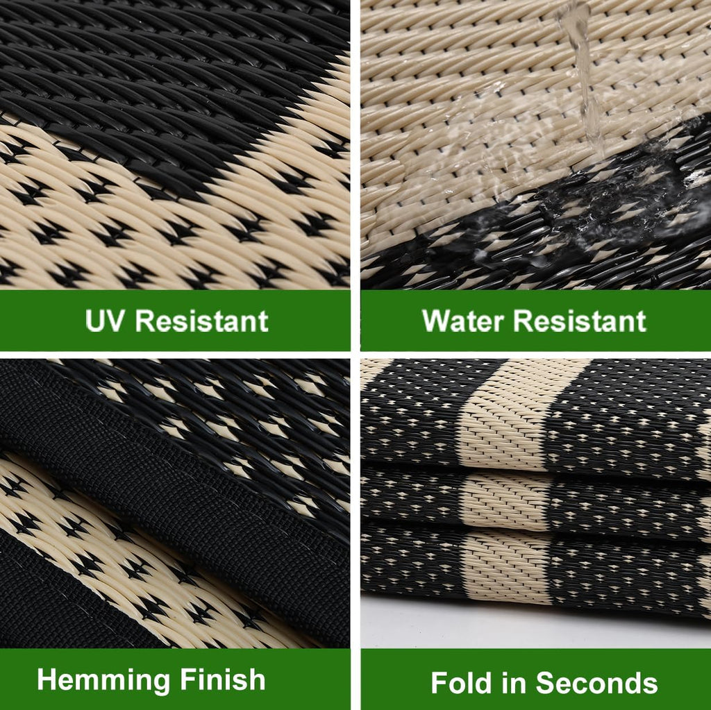Outdoor Rugs Waterproof s Clearance,Large Plastic Straw Mats for Backyard,Porch,Deck,Balcony,Black&Beige