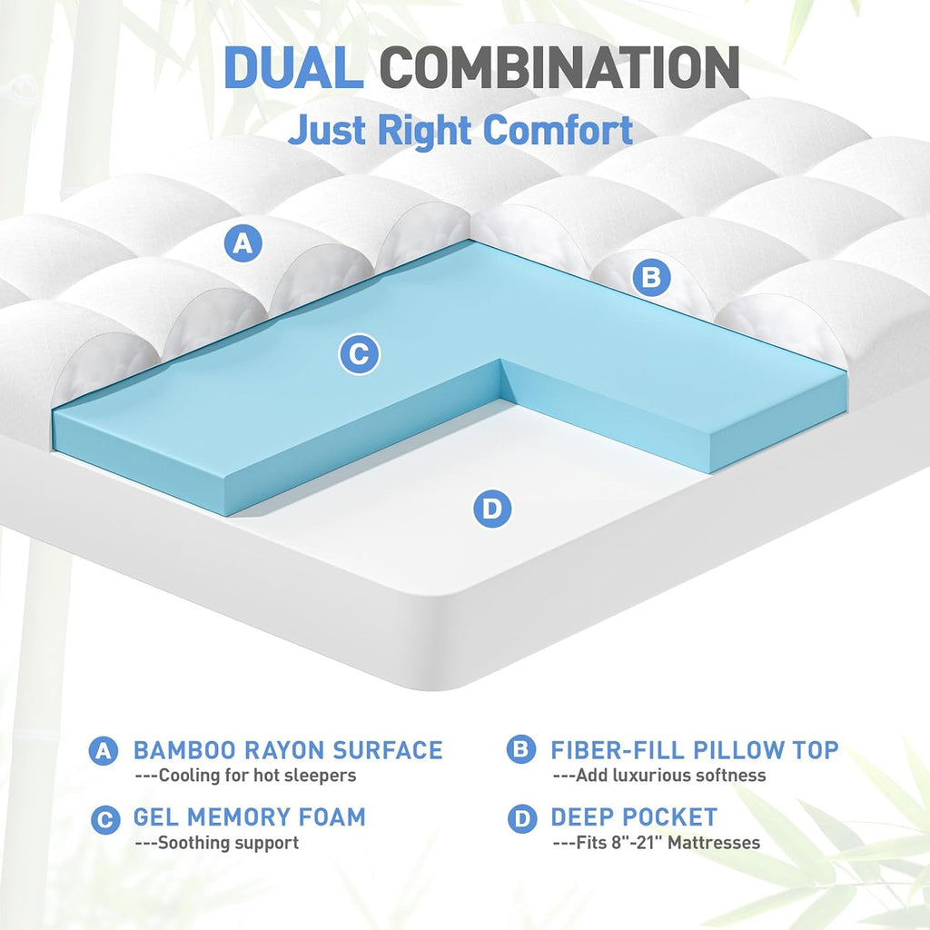 Dual Layer 3 Inch Memory Foam Mattress Topper Queen Size, 2 Inch Cooling Gel Memory Foam Plus 1 Inch Pillow Top