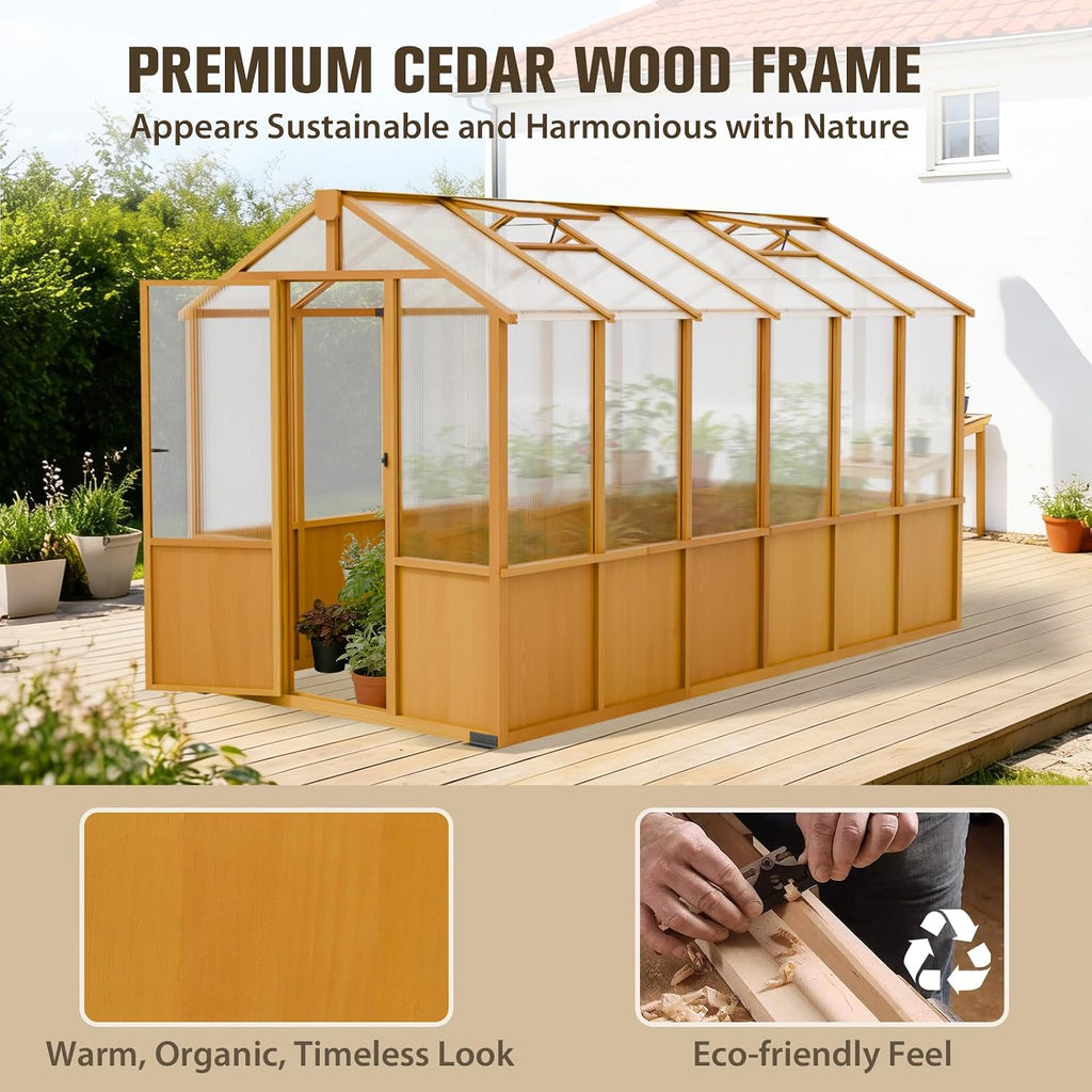 6x12ft Cedar Wood Greenhouse with Roof Vents, Outdoor Greenhouse Kit, Weather Resistant Plant Garden House, Natural
