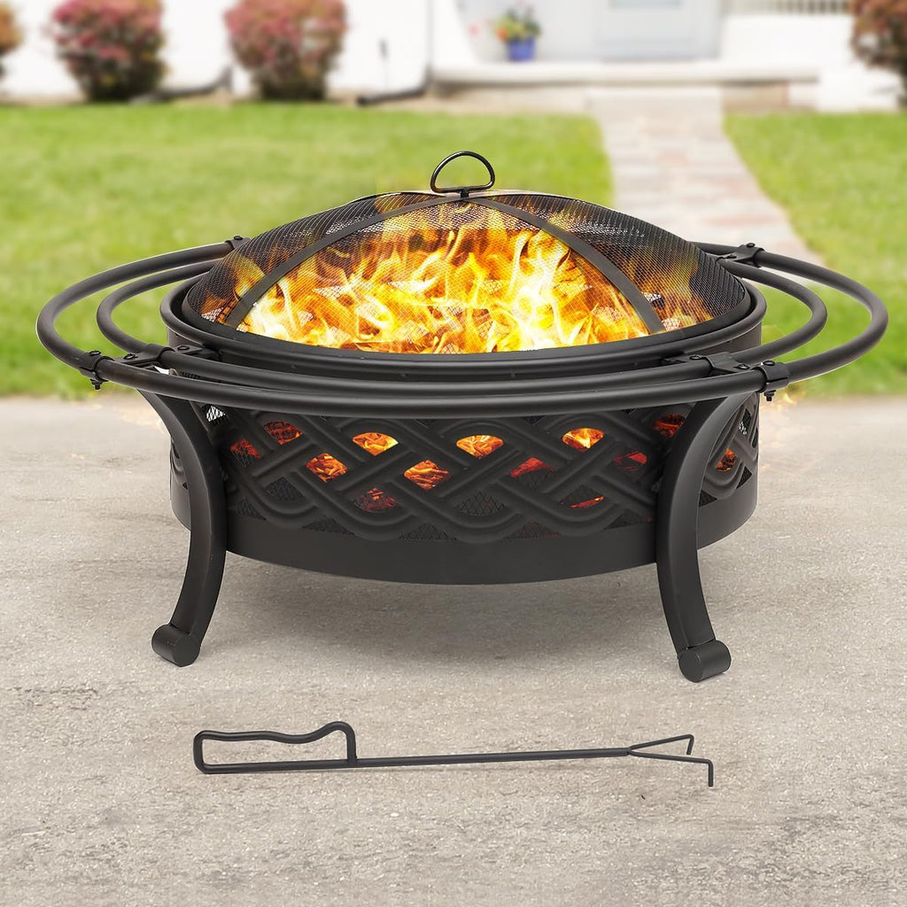 36 Inch Fire Pit with 2 Loops,Crossweave Wood Burning Fire Pits for Outside,with Spark Screen,Fire Poker,Round Outdoor F