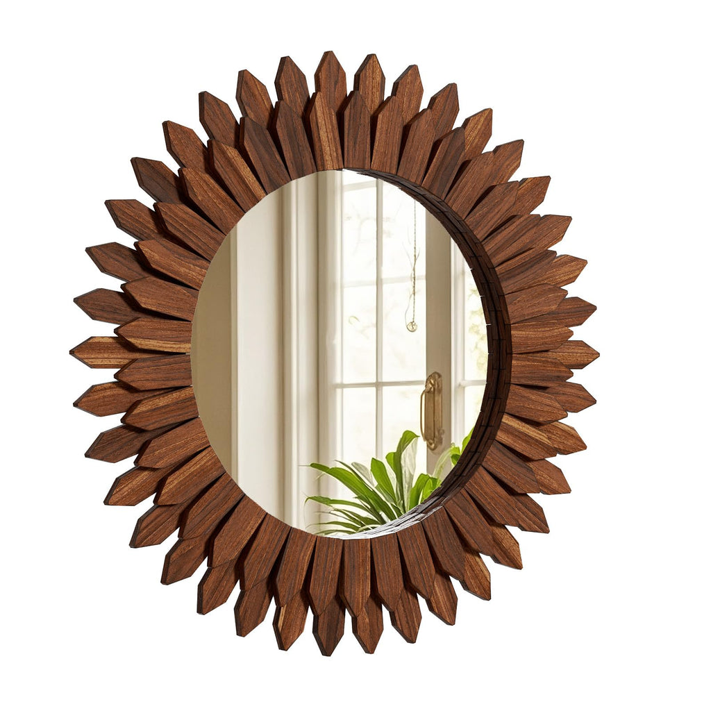 20" Walnut Round Sunburst Wooden Mirror Boho Rustic Wall Decor