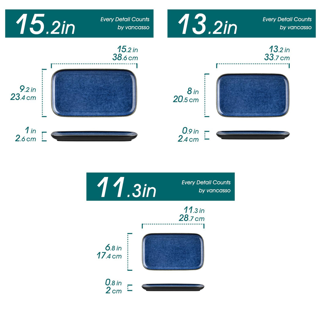 Stern Serving Platters Set of 3, 15/13/ 11 Inches Rectangular Serving Plates, Blue Serving Trays for Entertaining