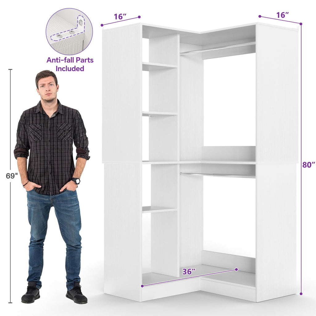 Corner Closet System with Shelves, 36'' Closet Organizer System with 2 Hanging Rods, Freestanding Walk-in L Shaped