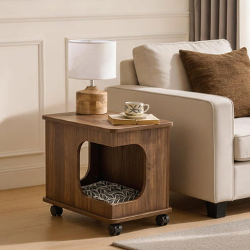 Wooden Cat Bed Side Table 2-in-1, Elevated Cat Hideaway Cave House with Cushion, Sturdy Pet End Table Furniture