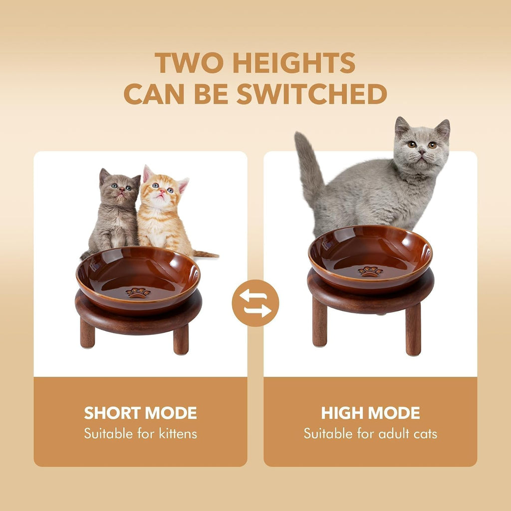Elevated Cat Bowls, Ceramic Cat Bowl with Wood Stand, Wide Opening