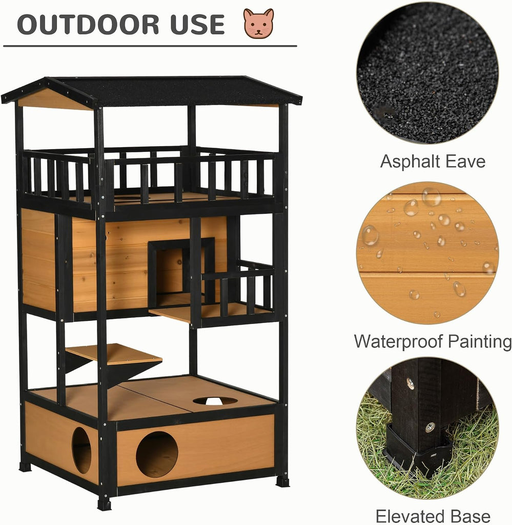 3-Story Wooden Outdoor Cat House w/Raised Floor, 5 Doors Yellow