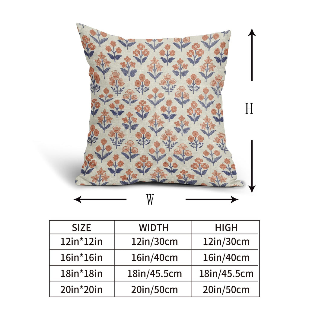 Navy Blue Orange Floral Block Print Pillow Covers 18x18 Inch Set of 2, Fall Vintage Flower Pattern Decorative Throw