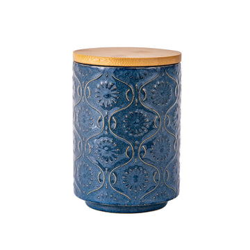 Embossed Ceramic Canister, Stylish Airtight Storage, Coffee, Tea, Sugar, 23 Fl Oz, Darkblue