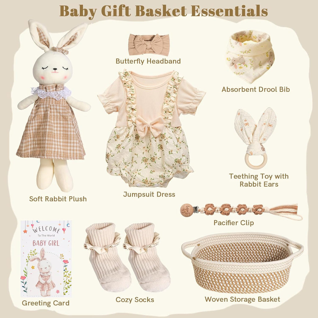 Newborn Baby Girl Gift,Baby Shower Gifts for Girls,Baby Girl Gifts Baskets with Headband,Bodysuit Set New Born