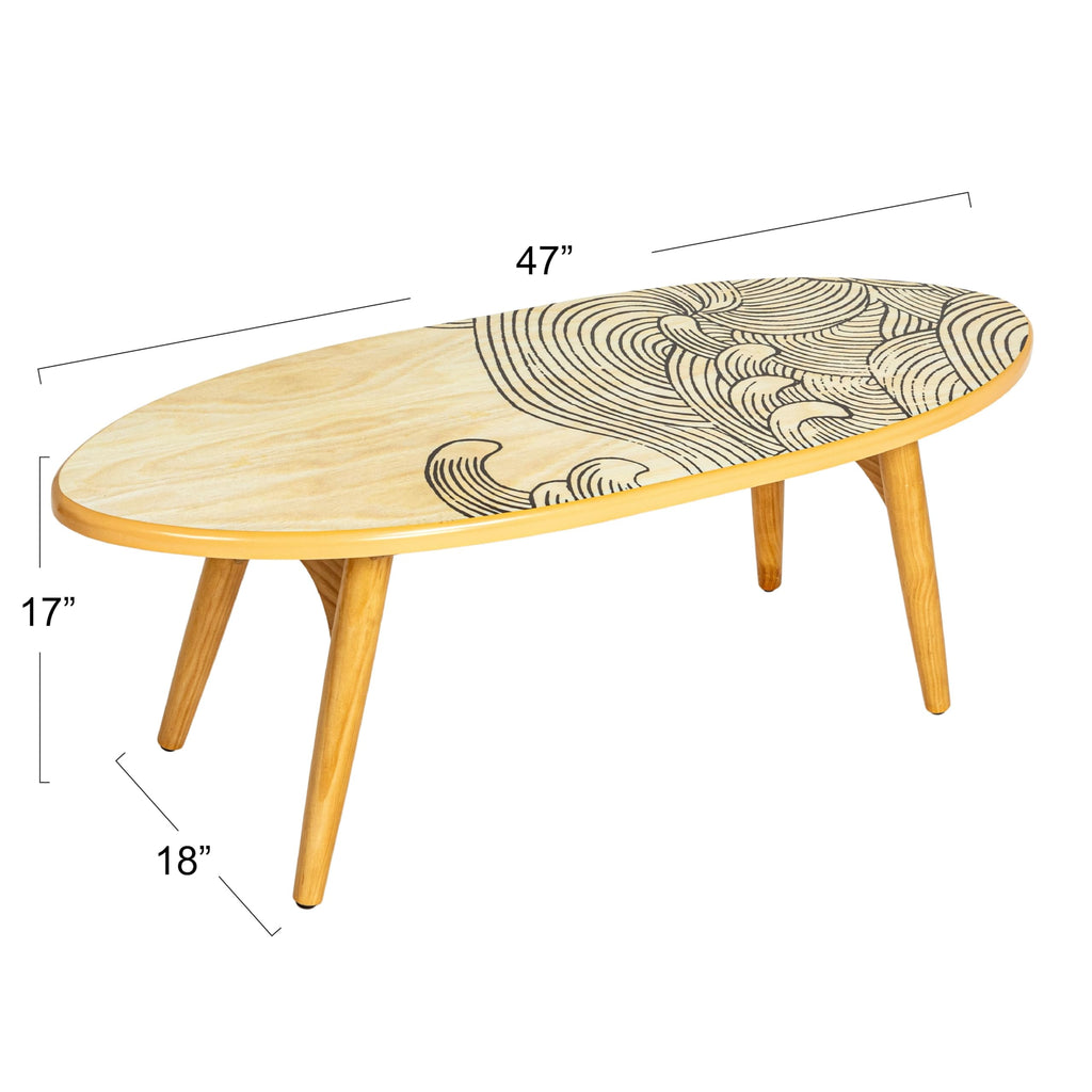 Coastal Decorative Surfboard Coffee Table, Wave Design Overlaid On Natural Wood