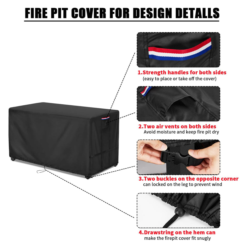 Fire Pit Cover Rectangular Waterproof 600D, 40 x 25 x 20 Inch Black