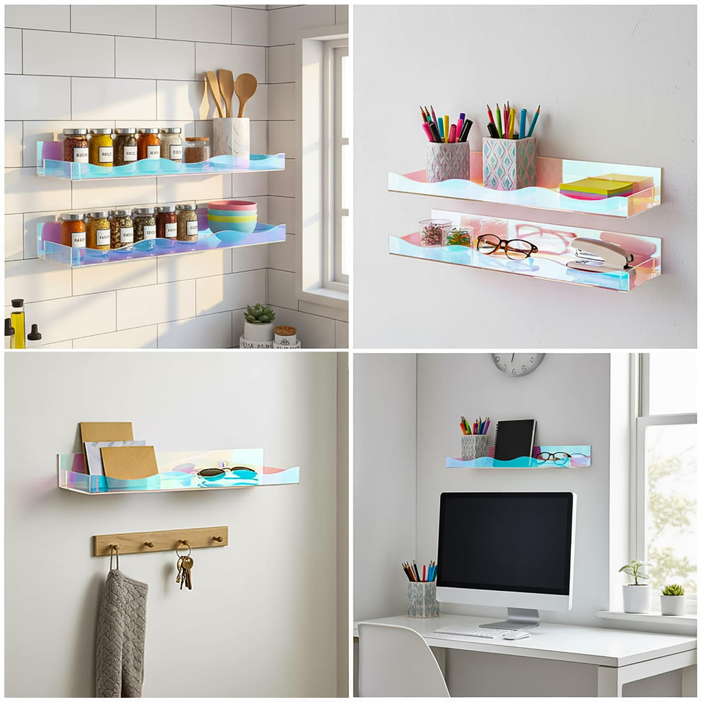 4 Pack 15" Iridescent Acrylic Floating Shelves, Wall Mounted Floating Bookshelf Organizer for Room, Clear Nail Polish