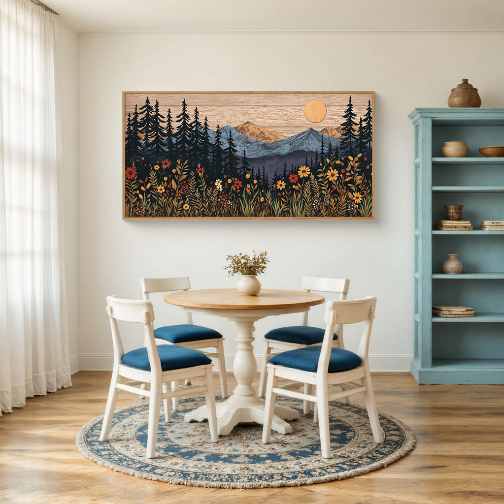 Mid Century Woodland Mountain Framed Canvas Wall Art Set, Vintage Natural Sunset Wildflower Forest Field