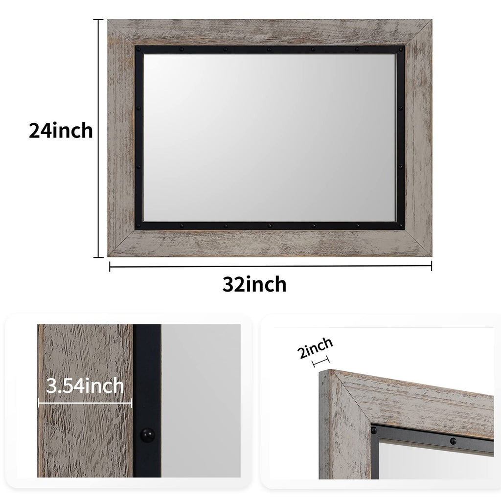 Rustic Wooden Framed Wall Mirror, 32"x24", Natural Wood and Iron Bathroom Vanity Mirror for Farmhouse Decor, Vertical