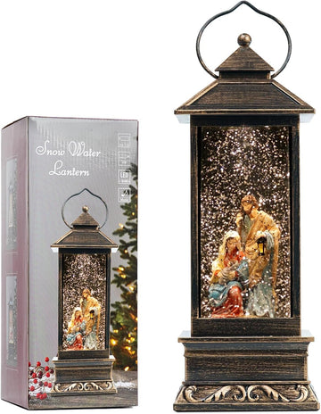 12" Christmas Snow Globe Lantern with Nativity - Water Swirling Glitter LED Light Lantern with Music - Vintage Xmas