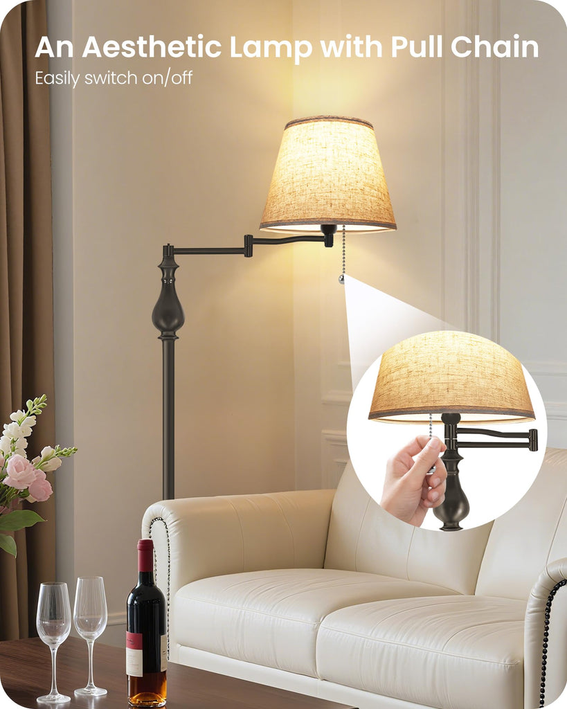 61" Vintage Floor Lamp with 350°Adjustable Swing Arm, Pull Chain, Dark Brown