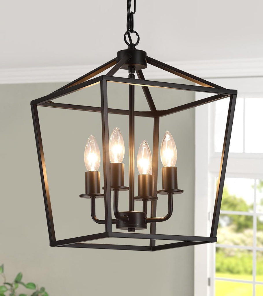 Black Industrial 4 Light Lantern Chandelier Ceiling Light Fixtures Farmhouse Metal Cage Rustic Geometric Pendant Light for Kitchen Island Entryway Dining Room Stairs and Hallway A128-B0CJ4L73V3