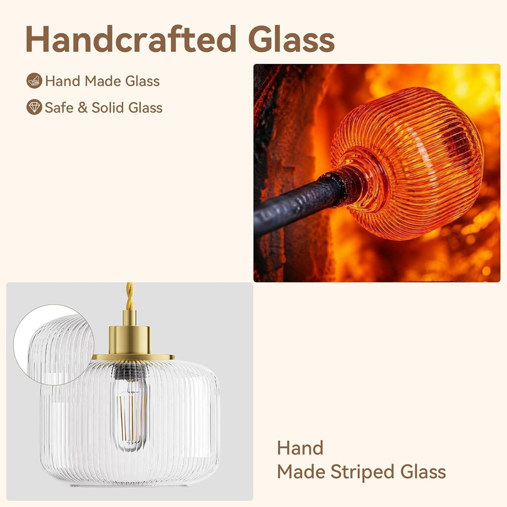 Clear Striped Glass Pendant Light, Gold Vintage Hand Blown Pendant Lamp, E26 7W LED Bulb Included, Adjustable