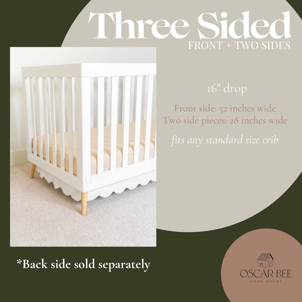 White Crib Bed Skirt, Front+Two-Sided Scalloped Skirt, 16in Drop