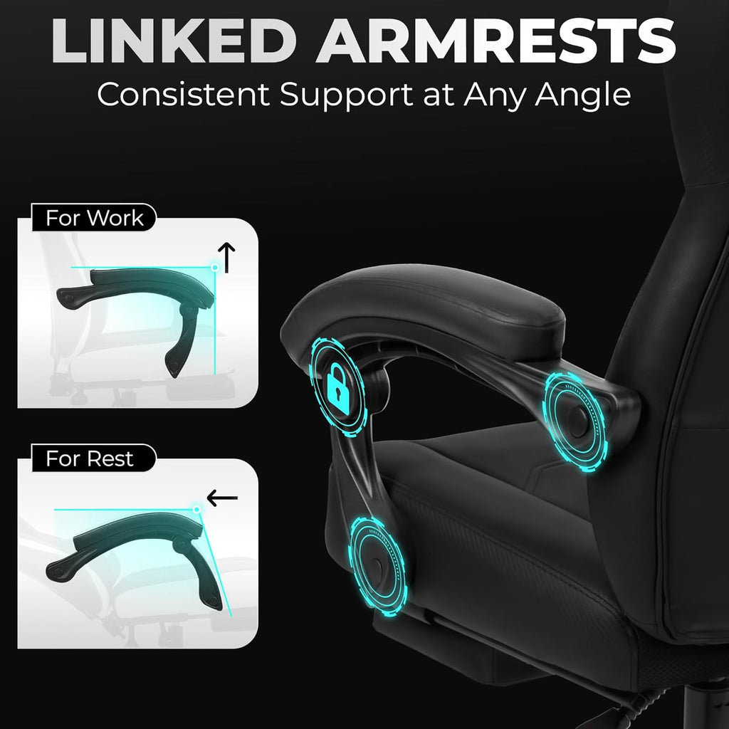 Big & Tall Gaming Chair, Footrest, Lumbar Support, Dark Black | Ergonomic High-Back Chair for Adults, Padded Wide