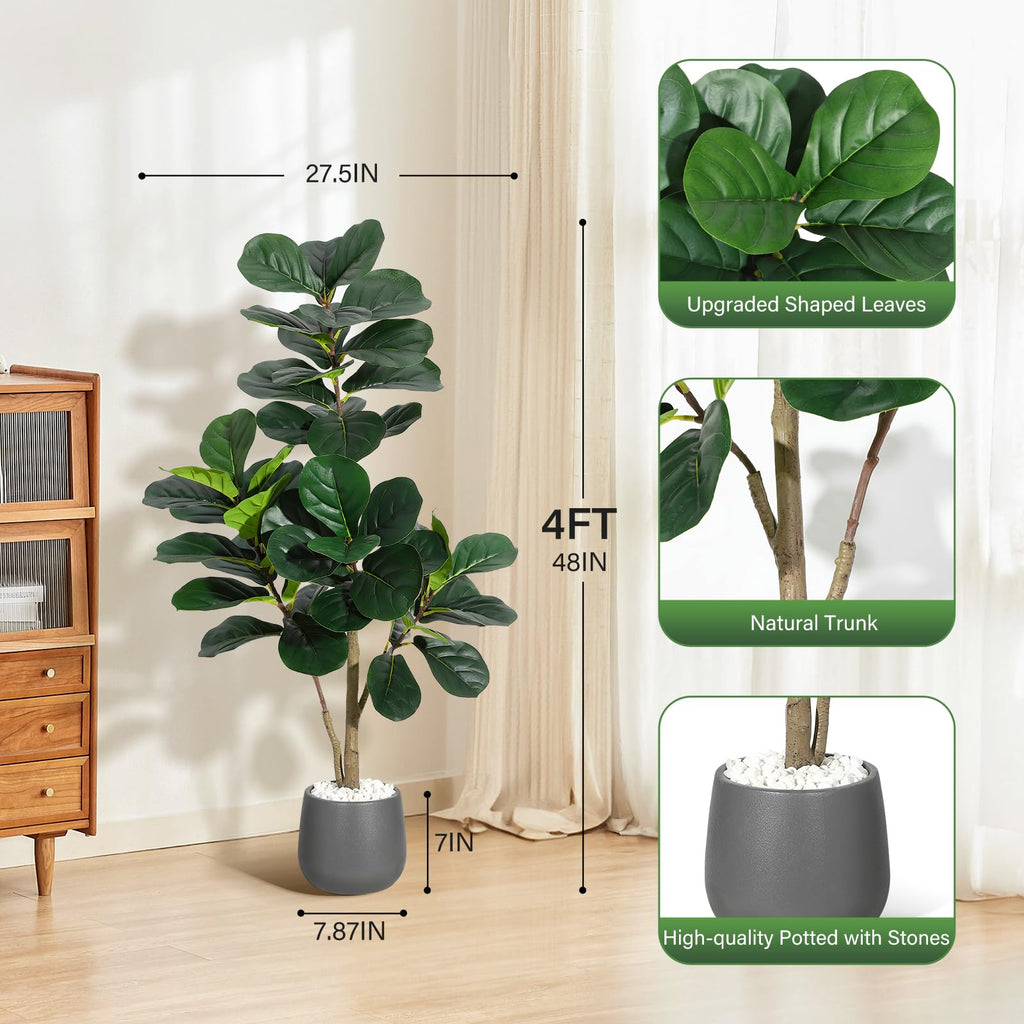 4 ft Fiddle Leaf Fig Tree Artificial with 48 Leaves - Realistic Faux Ficus Lyrata Trees in 7.8 in Grey Planter Pot
