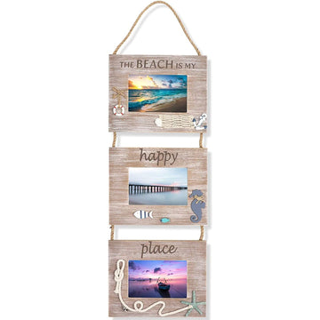 Beach Picture Frame 3-Photo Collage - Distressed Rustic Style & Coastal Decor - Versatile Display & Beach Hanging