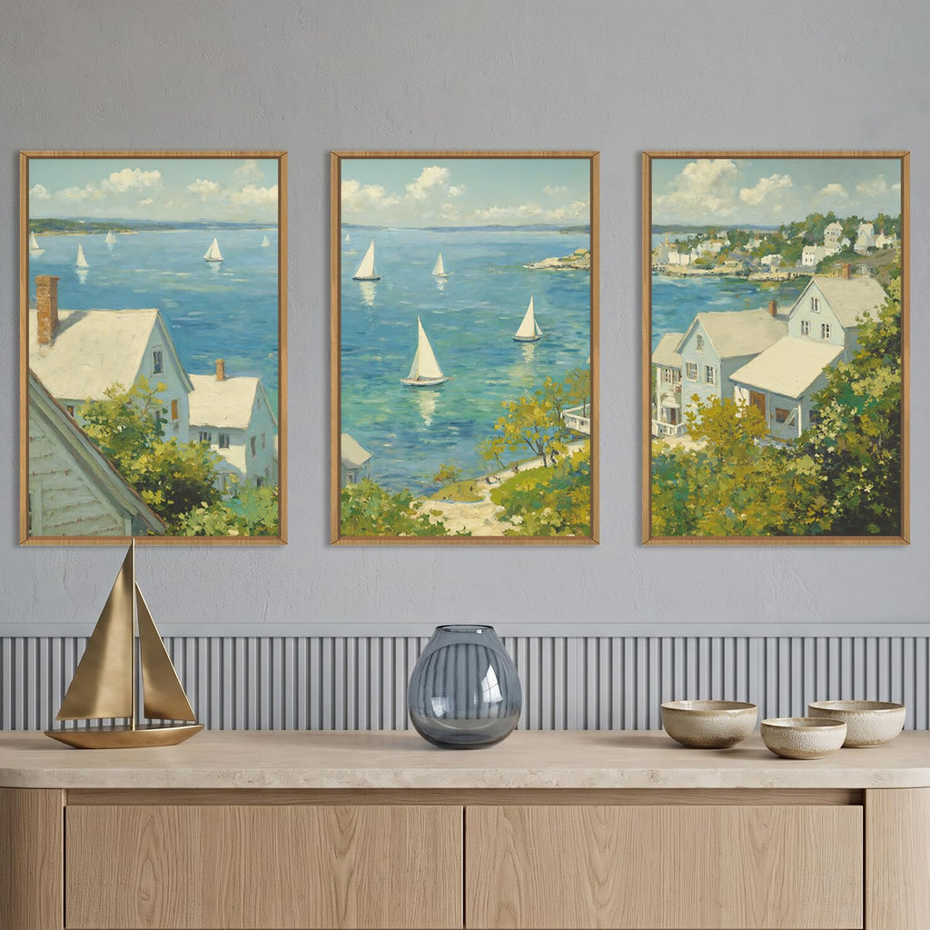 Large Coastal Sailboat Framed Canvas Wall Art Set, Summer Seascape Wall Decor, Nautical Blue Ocean Art Prints, Nature