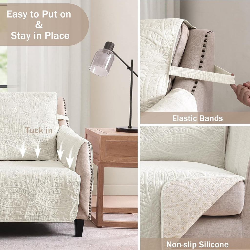 Quilted Sofa Slipcovers with Pockets, Anti-Slip Medallion Designed Couch Covers for 3 Cushion Sofa, Couch Cover
